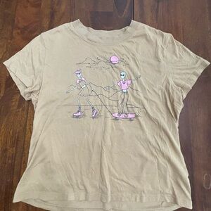 American Eagle Outfitters Tan Crop Top with Pink Graphic